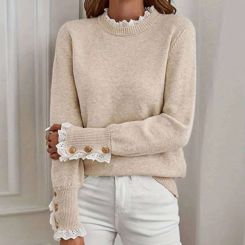 Autumn Winter Women's Knitted 2025 Fashion Lace Round Neck Long Sleeve Pullover Sweater Tops Women Casual Z260313