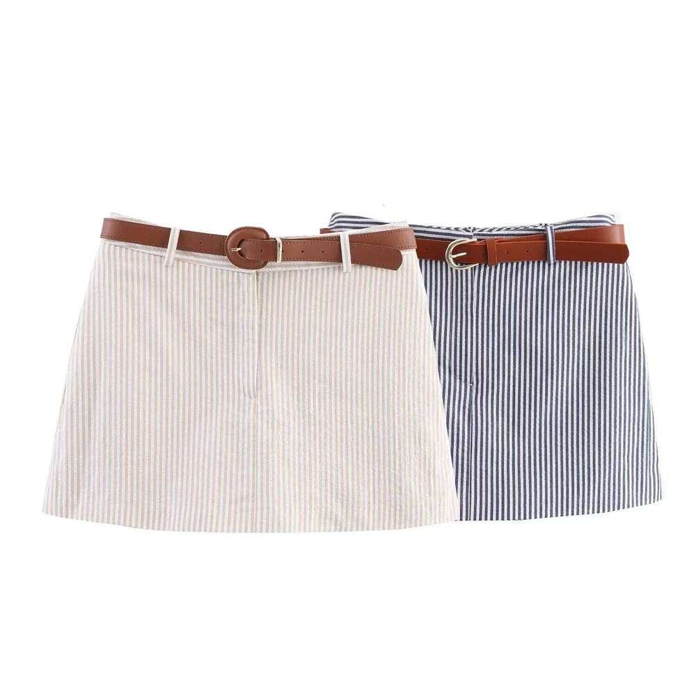 2025 new summer women's clothing fashion temperament simple and versatile slim fit with belt striped skirt pants Z260314