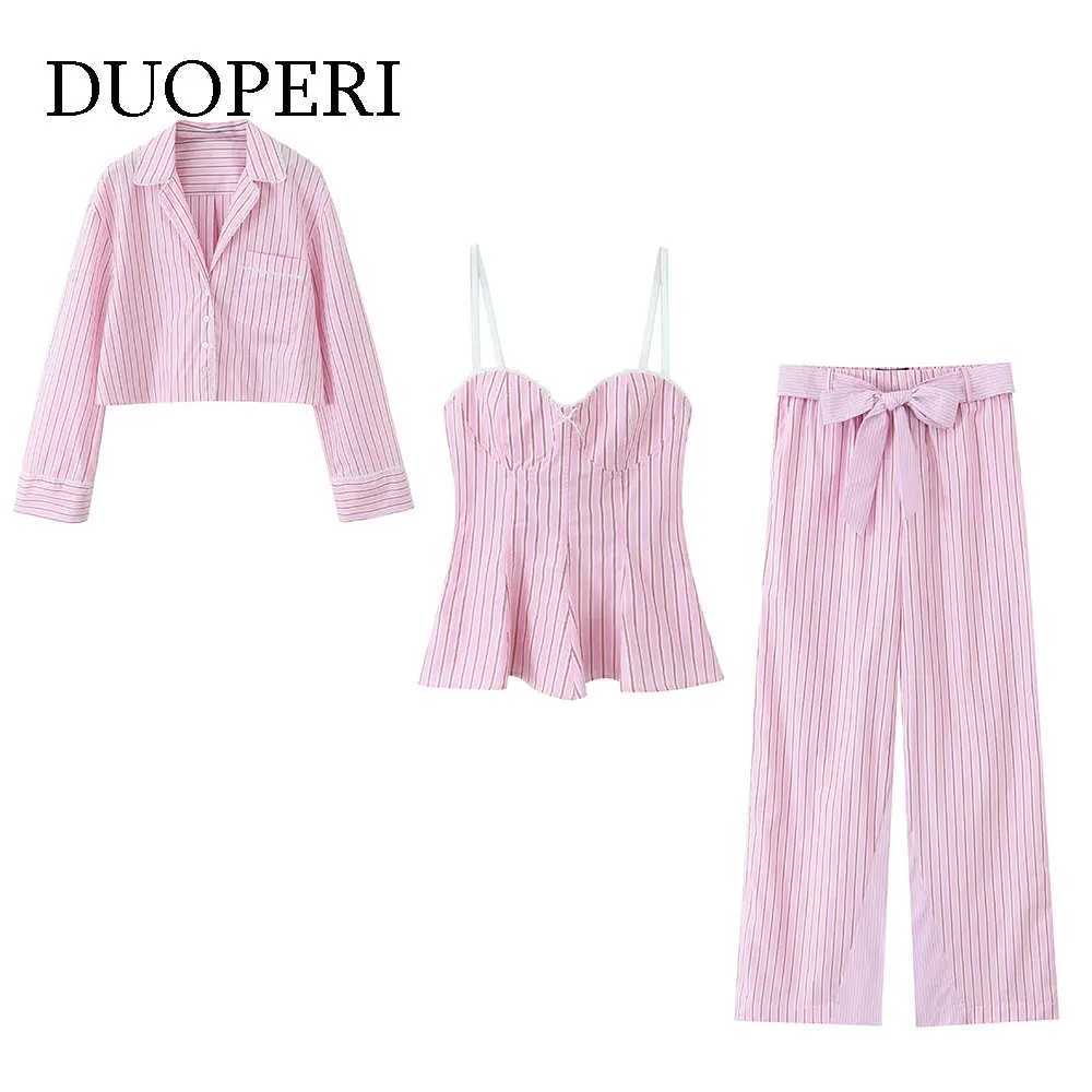 DUOPERI Women Y2K Fashion 3 Pieces Sets Pink Striped Shirt Trousers With Belt Thin Straps Tops Feamle Chic Pants Sets M260313