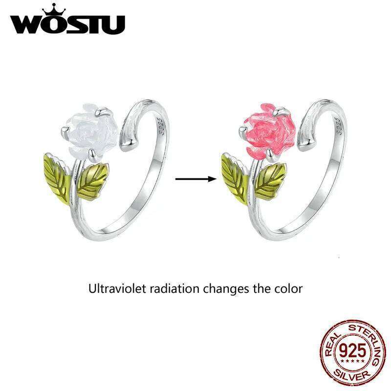 WOSTU Real 925 Sterling Silver Change Color Rose Flower Openging Rings For Women ly Wedding Party Jewelry Anniversary gift H260312