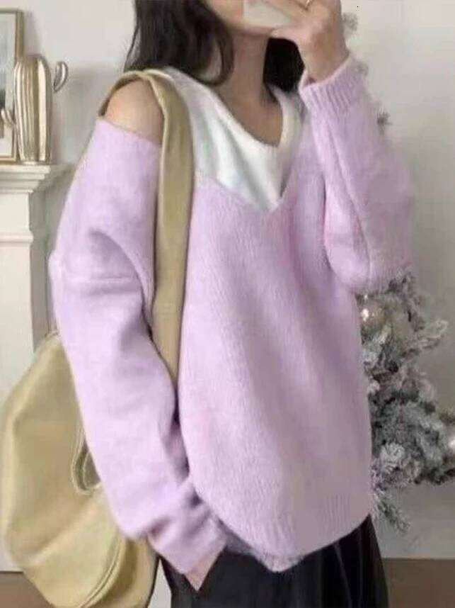 Korean Fashion 2025 Autumn Knitted Sweater Women Casual Y2k Clothing Slim Sexy Off-shoulder Pullover American Vintage Jumpers Z260314