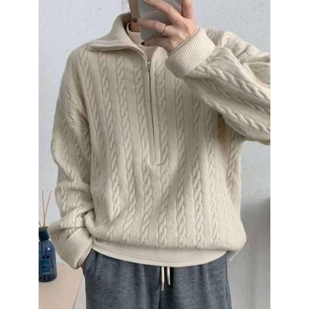 Vintage Cable Knit Half Zip Sweater Women Autumn Winter Thick Lapel Loose Fit Versatile Long Sleeve Cozy Casual Pullover Top Z260313