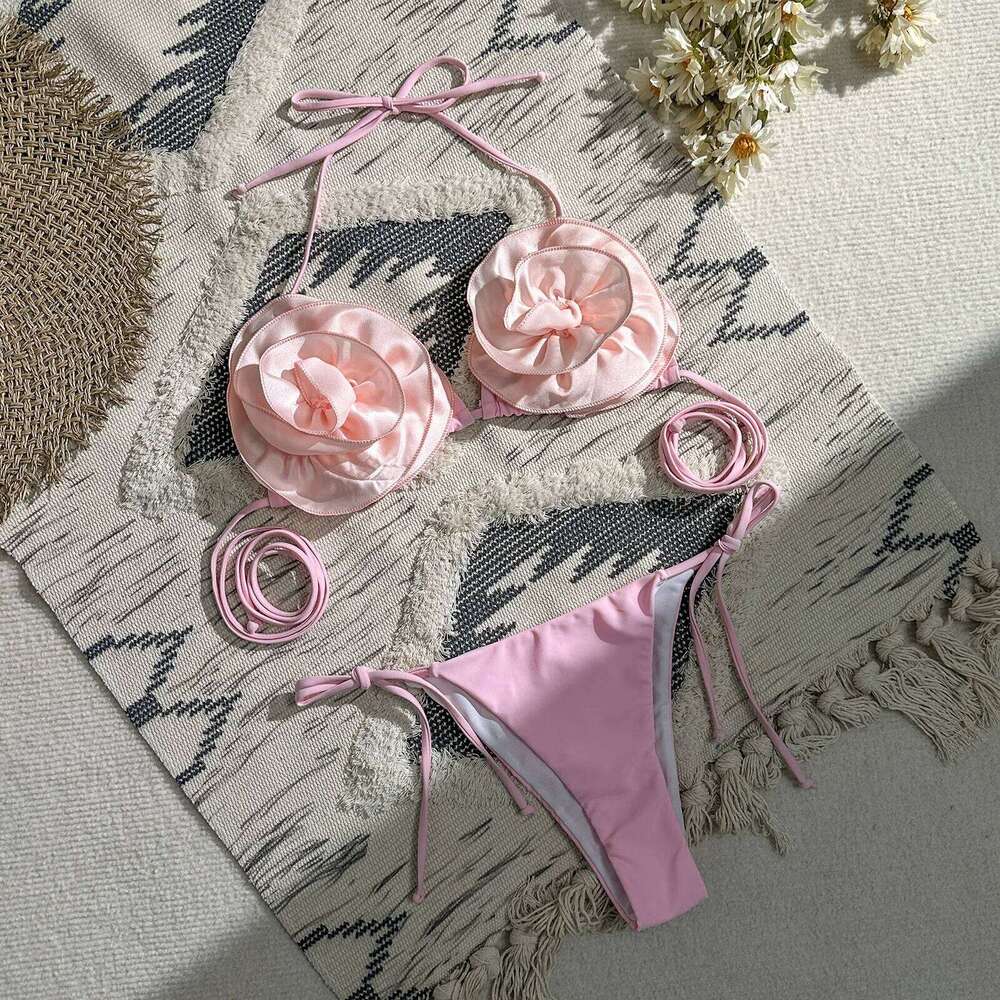 Sexy 3D Flower Swimsuit 2026 New Solid Halter Swimwear Women Bikini Set Bandage Bathing Suit Biquini Y260303
