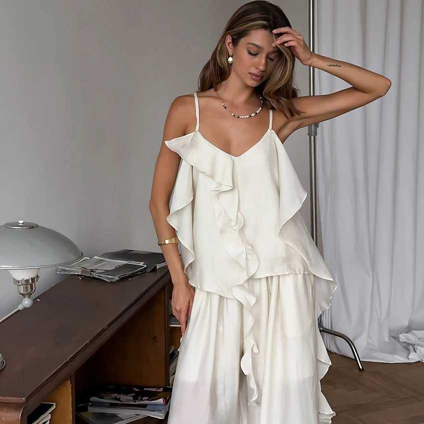 Linad Casual Apricot SpaghettiStrap Camisole Suits 2026 Fashion Elastic Waist Trousers With Ruffles Vest Two Piece Sets Women M260313