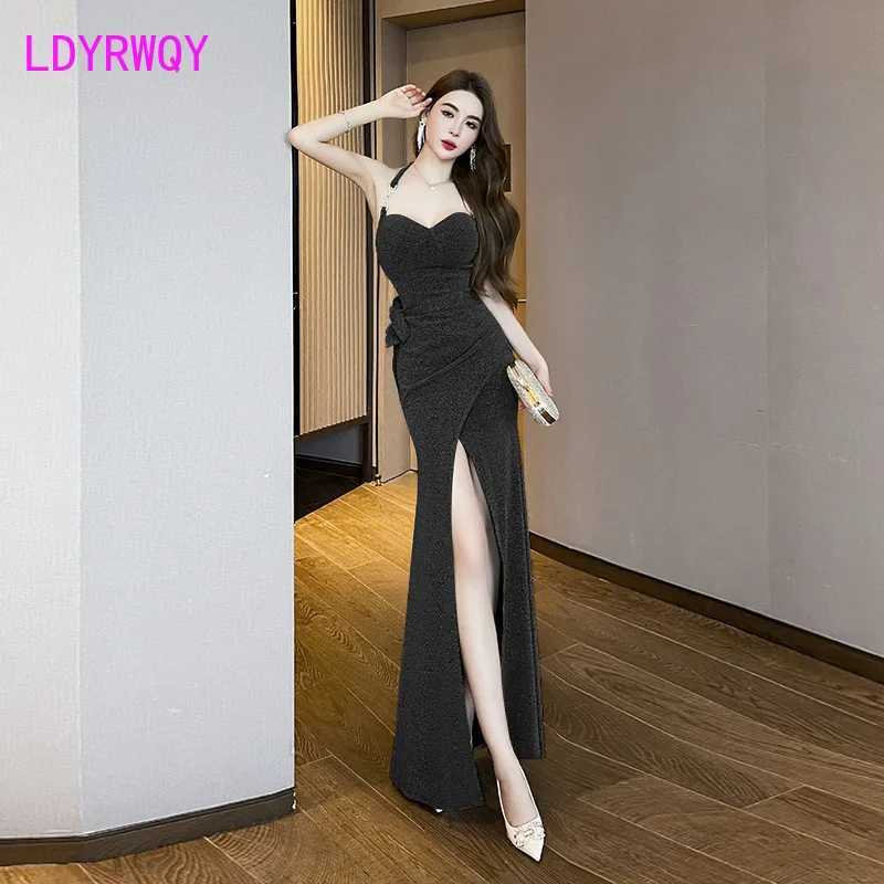 Sexy low cut hanging neck slit floor dragging womens long dress annual party temperament host dress socialite banquet dressT260316