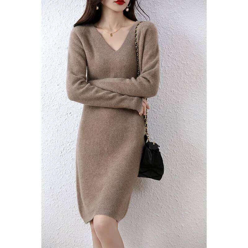 Womens Elegant Cashmere Sweater Dresses 100% Merino Wool Sexy V-Neck Casual Knitted Skirt Fall Winter Ladies Black Dress Clothes Z260314