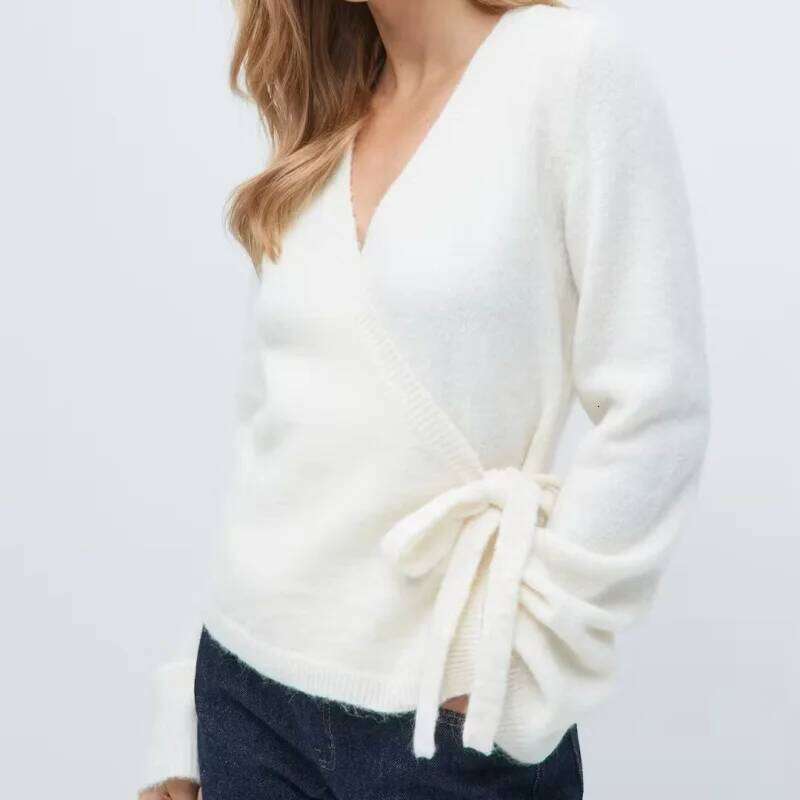 Womens Y2k Long Sleeve Wrap Knit Tops Solid V Neck Side Tie Sweater Shirts Lightweight Open Front Pullover Cardigans Streetwear Z260313