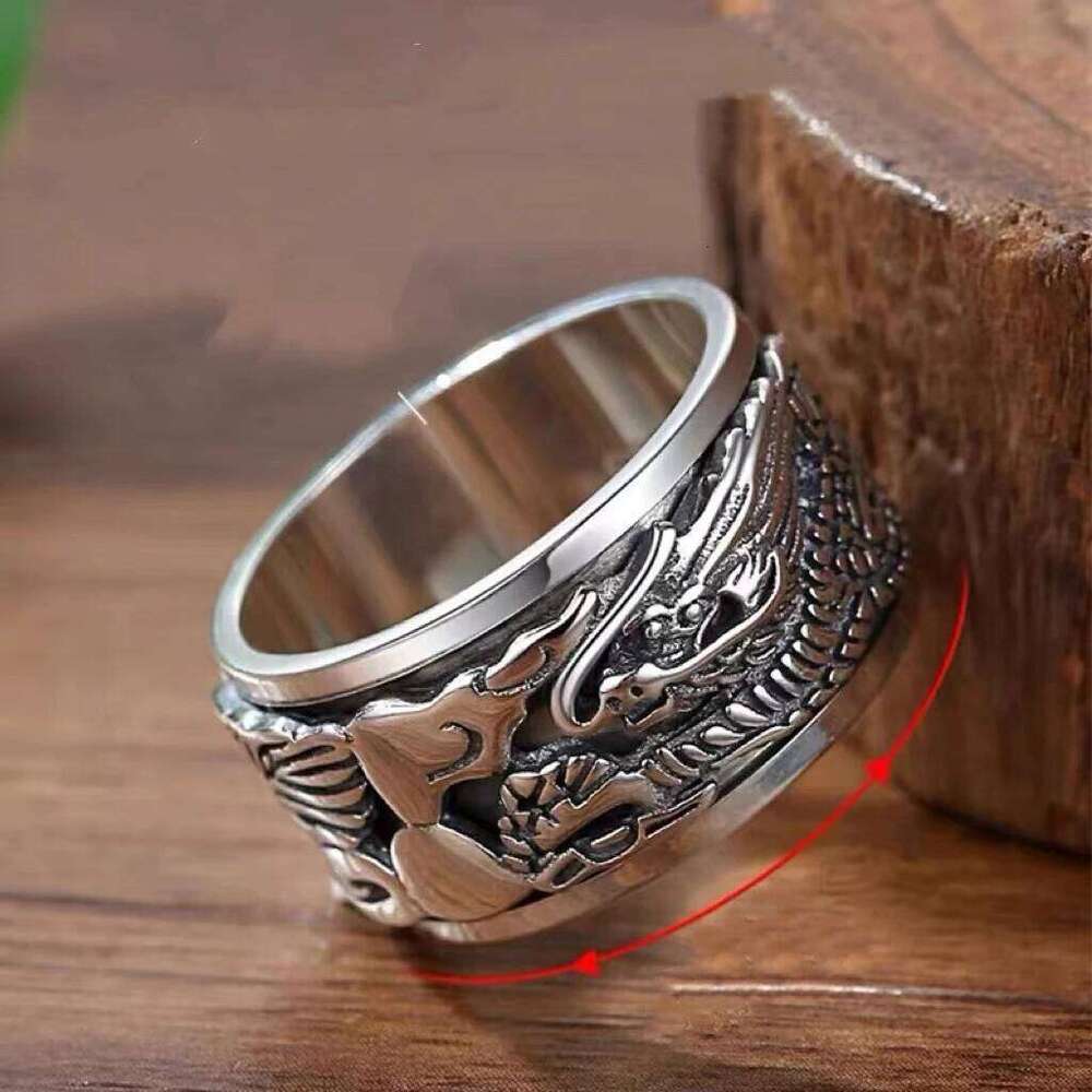 Handmade 12mm Width Real S925 Sterling Silver Lucky Double Layer Rotatable Closed Dragon Ring For Man Woman Fine Jewelry H260312