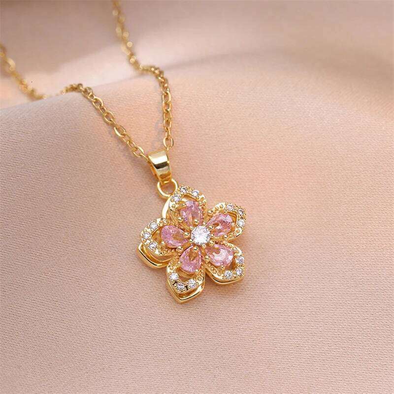 Light Rotating Pendant Necklace for Women Fashion Zircon Flower Choker Stainless Steel Clavicle Chain Jewelry Gift H260312