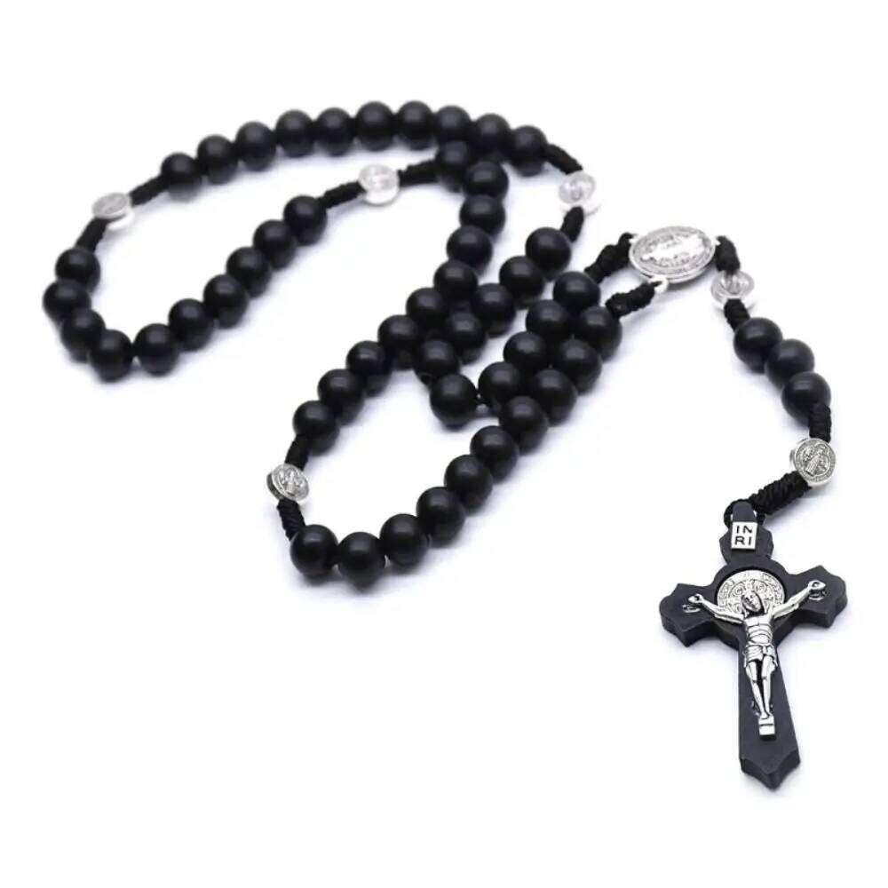 Handmade Rosary Religious Catholic Wood Beads Necklace Car Ornament Mellow Crucifix Pendant Chain Women H260312