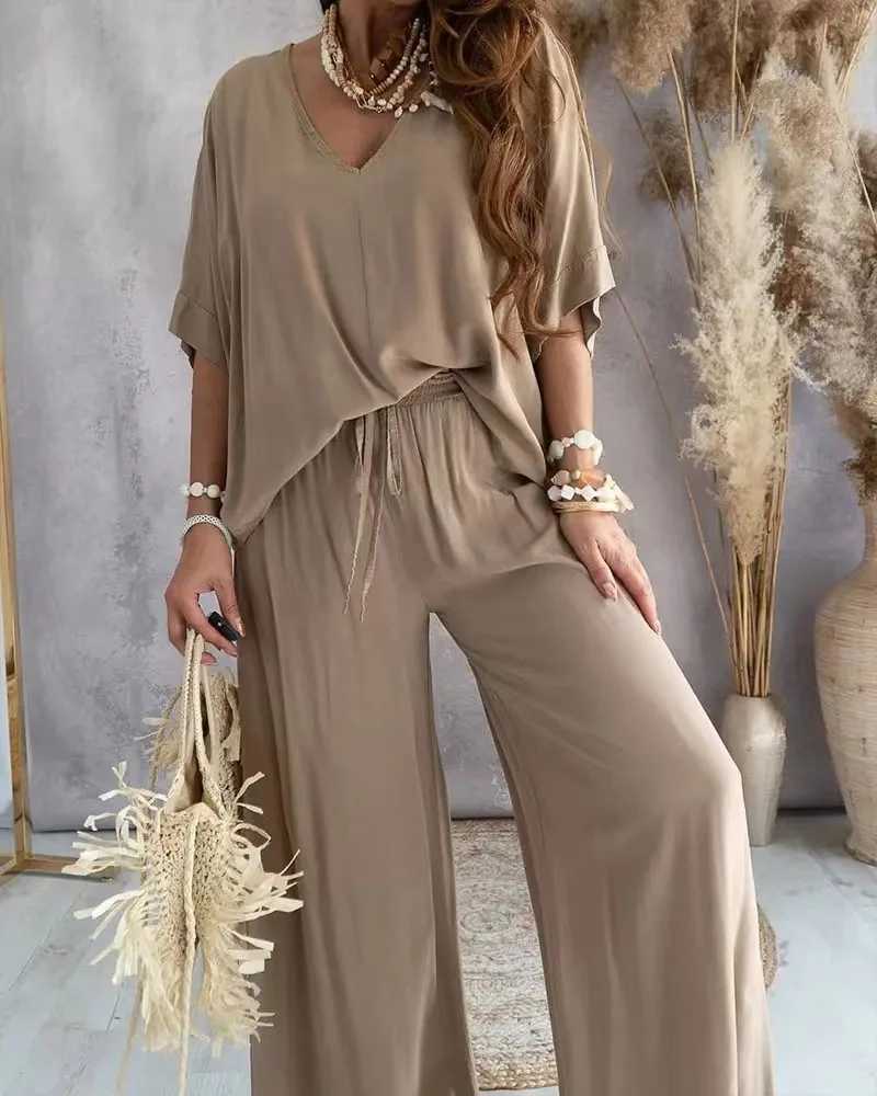 2024 Summer Two Piece Set For Women Long Pant Sets V Neck Bat Sleeve Casual Loose Wide-leg Pants 2 Piece Set Solid Color Outfits M260313