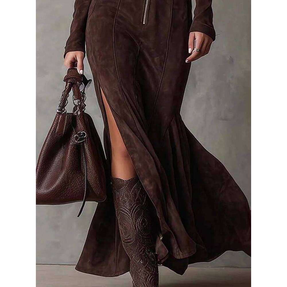 New Elegant Zipper Patchwork Maxi Women Autumn Long Sleeve Fashion Chic Party 2025 Sexy Slim Fit Ladies Lapel Dress Z260313