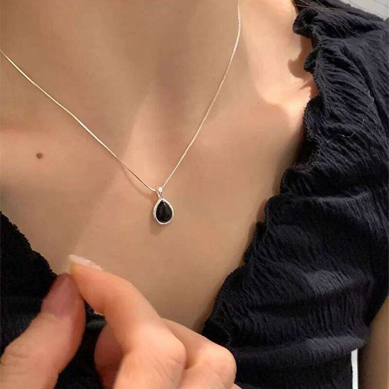 Foxanry Black Zircon Water Drop Snake Chain Necklaces For Women Couples Minimalist Classic Trendy Elegant Daily Accessories H260312