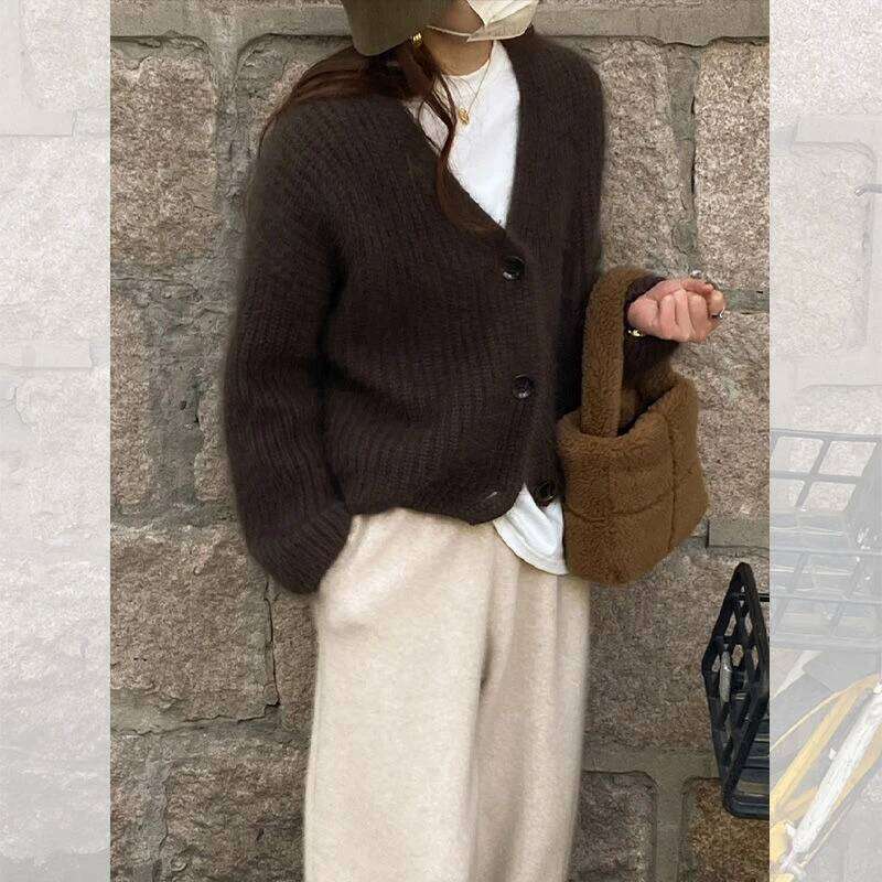 Deeptown Vintage Brown Knitted Women Korean Style Casual Long Sleeve Sweater Harajuku Autumn Winter Cardigan Aesthetics Z260313