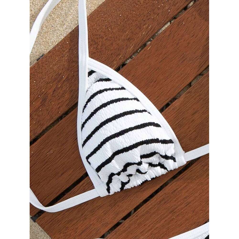 Swim Mod Women's Elegant Stripe Textured Halter Triangle Set, 2026 Animal Figure-Flattering High Cut Cheeky Two Pieces Swimwear With Self-Tie Str