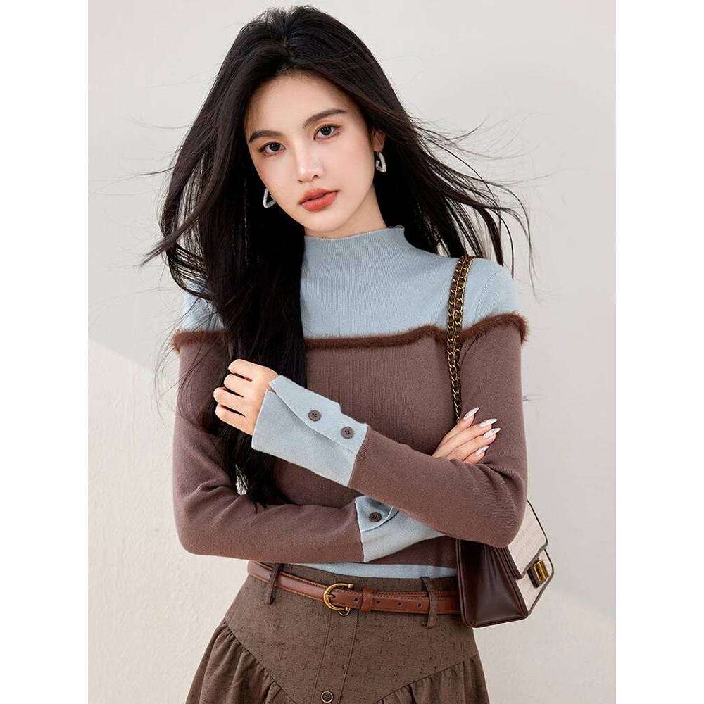 Half Turtleneck Colorblock Knitted Women's 2024 Autumn Winter New Long Sleeve Bottoming Solid Sweater Female Slim Tops Z260313