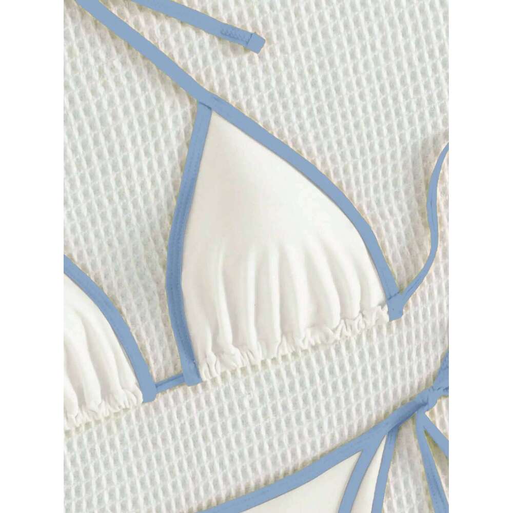 Summer white and blue color-block bow-tie pure bikini set suitable for women's beach vacation 26H0313