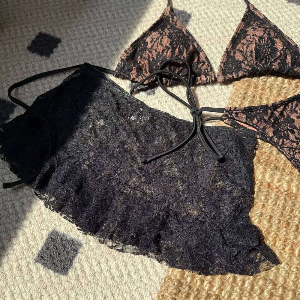 sexy lace micro string halter tie bikinis sets 3pcs with ruffles mini skirt black red color swimwear swimsuit bathing suit Y260303