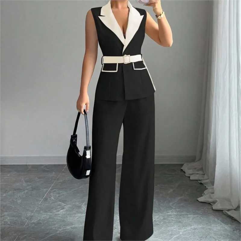 Vest Suit Women Wide Leg Pants Waistcoat 2 Piece Sets Sleeveless Jacket Belt Tight Waist Outfits Trousers Office Lady Ensemble M260313