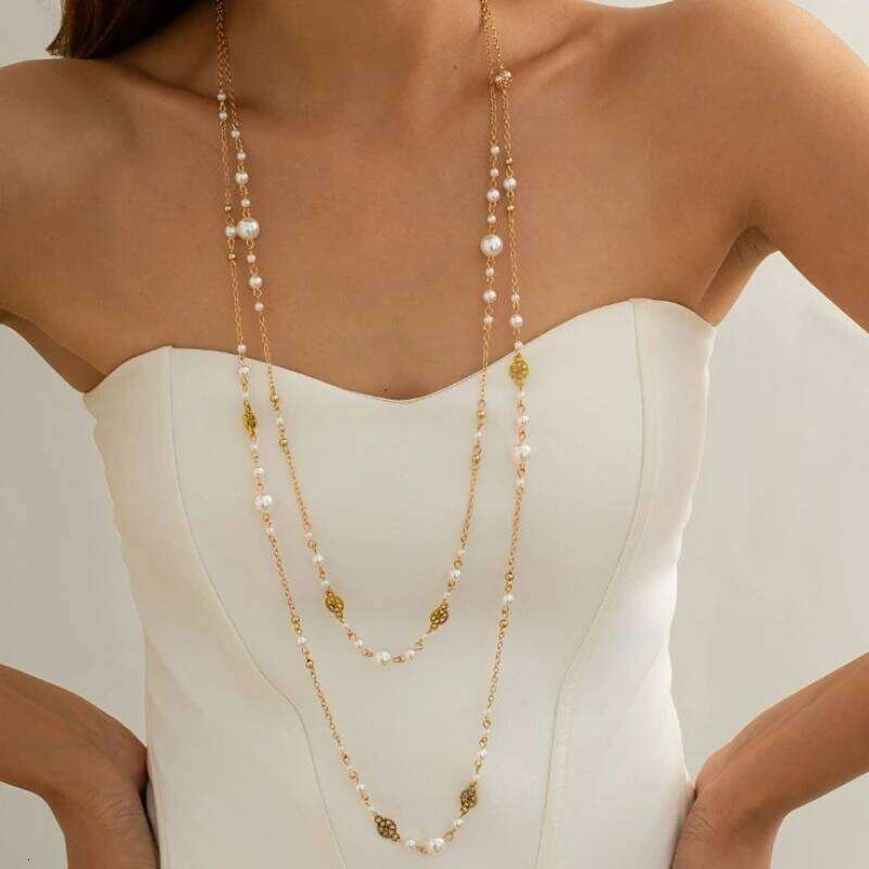 French Retro Imitation Pearl Hollow Stars Long Necklace Ladies Personalized Trend Double Layers Stacked Accessories Jewelry H260312
