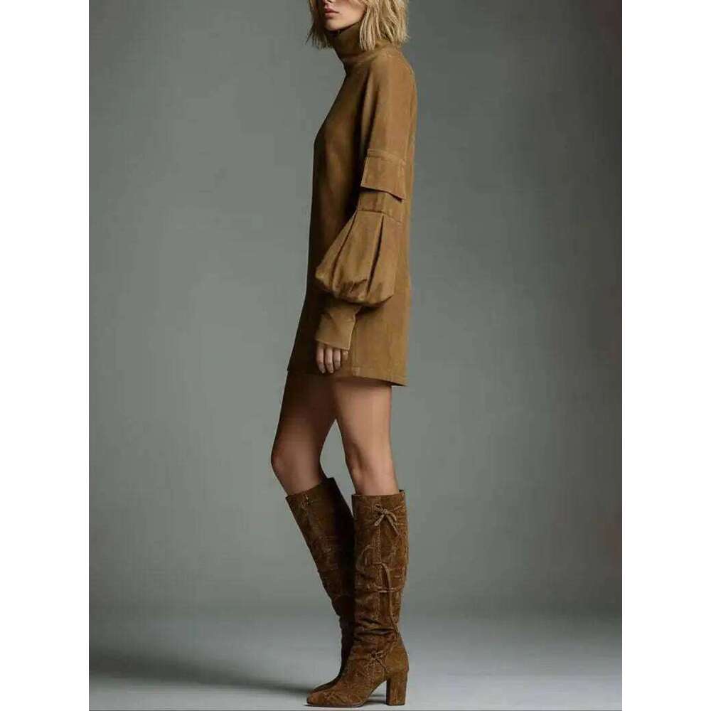 Autumn Retro Solid Suede Mini Short Dresses Sexy Turtleneck Slim Woman Pullover Dress Winter Long Sleeve Pockets Female Clothing Z260314