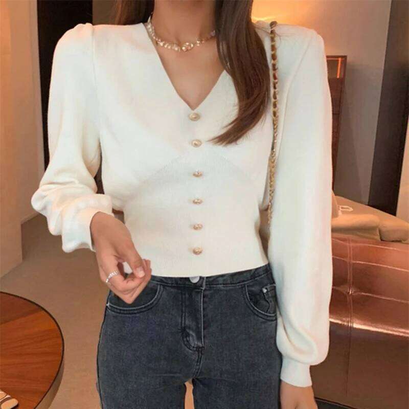 Elegant Women V Neck Knitted Sweater New Autumn Winter Long Sleeve Buttons Short Tops Ladies Pullover Casual Sweaters Clothes Z260313