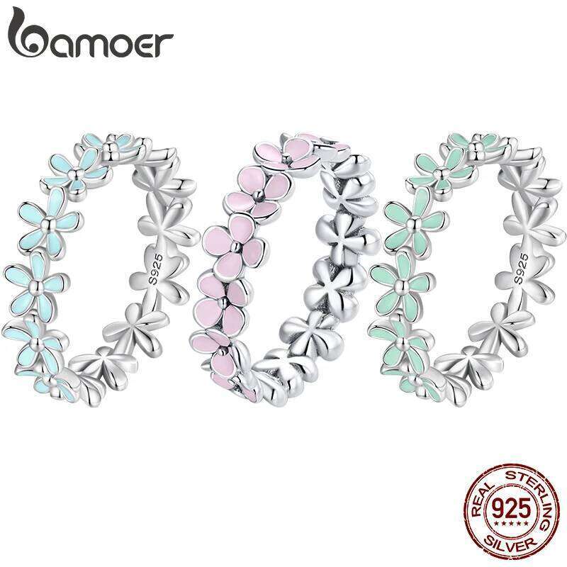 BAMOER 925 Sterling Silver Flower Rings Pink Wreath Finger Ring Stacking for Women Birthday Gift Sweet Romatic Fine Jewelry H260312