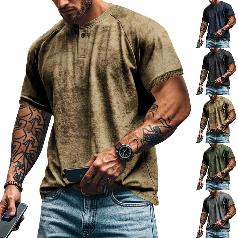 Men's Vintage Distressed Henley Collar Short-sleeve T-shirt Loose Casual American Oversized Style Designer Polo Hoodie Men's Designer Shirt Short-sleeve Shirt