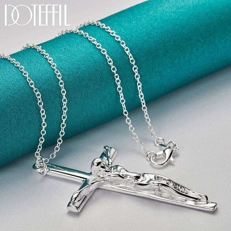 DOTEFFIL Silver Color Jesus Cross Pendant Necklace 16/18/20/22/24/26/30 Inch Chain For Woman Man Charm Wedding Jewelry H260312