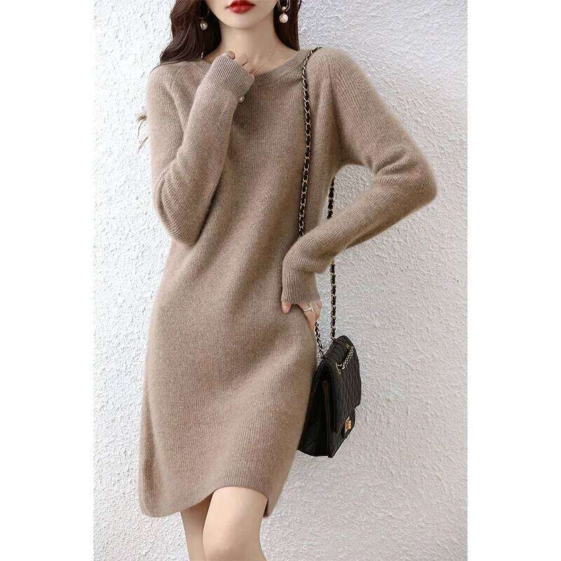 Knit Dresses for Women's Fashion Sweater 100% Merino Wool Winter Ladies O-Neck Warm Knitted Dress Fall Female Casual Black Skirt Z260314