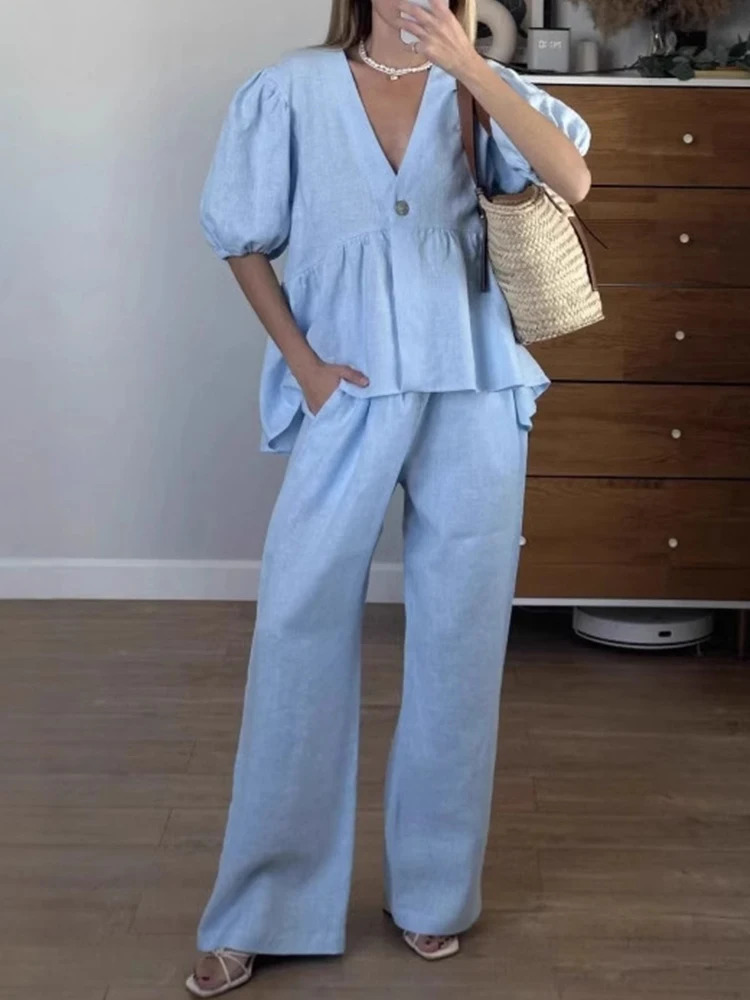 Mumaroho 2025 Women Spring Summer Holiday Pant Set Suits Cotton Solid Outfits V-neck 2 Two Piece Matching Set For Women 260309