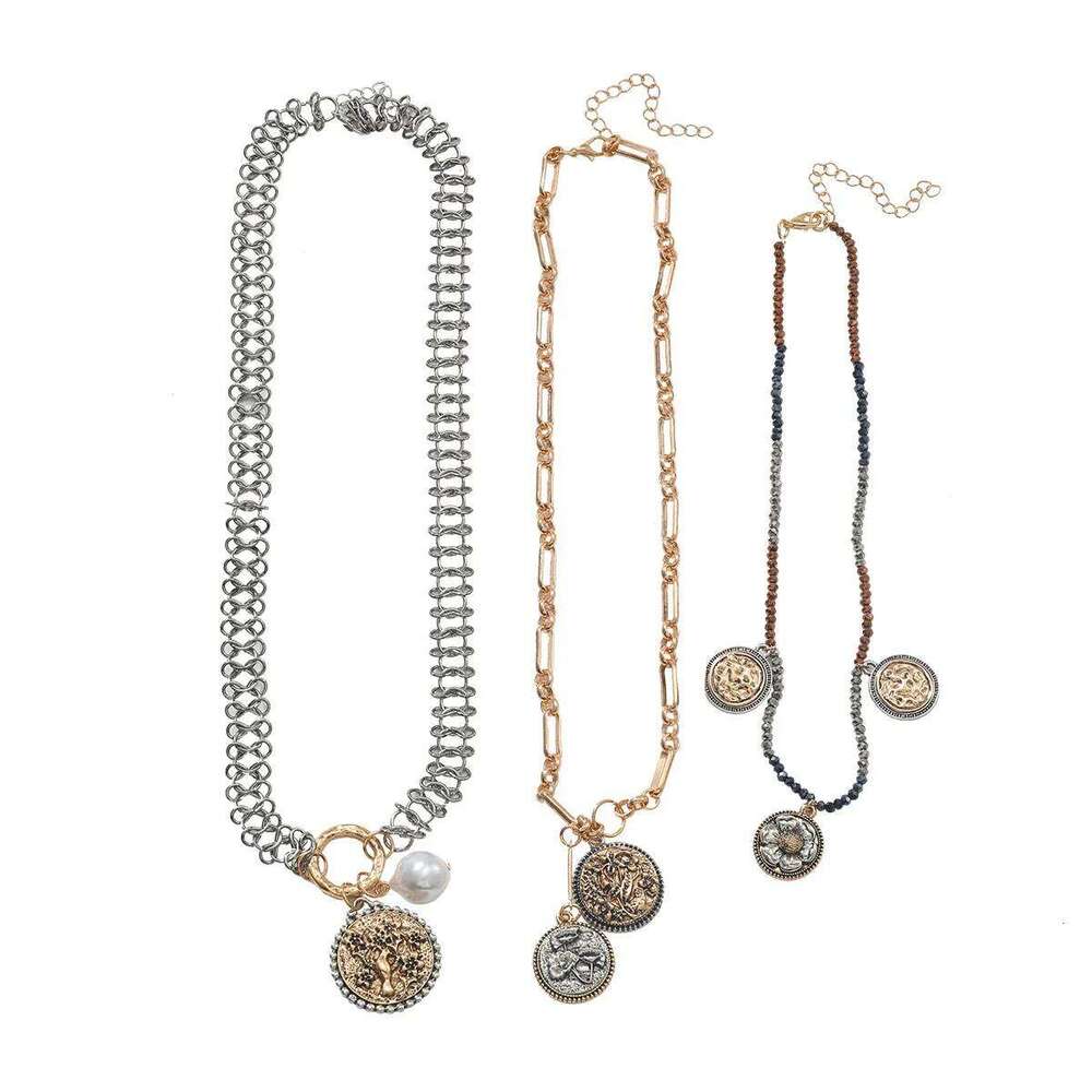 Autumn Collection Multi-Layer Exaggerated Large Brand Coin Tree Floral Necklace Three-Piece Women Fashion Jewelry Set H260312