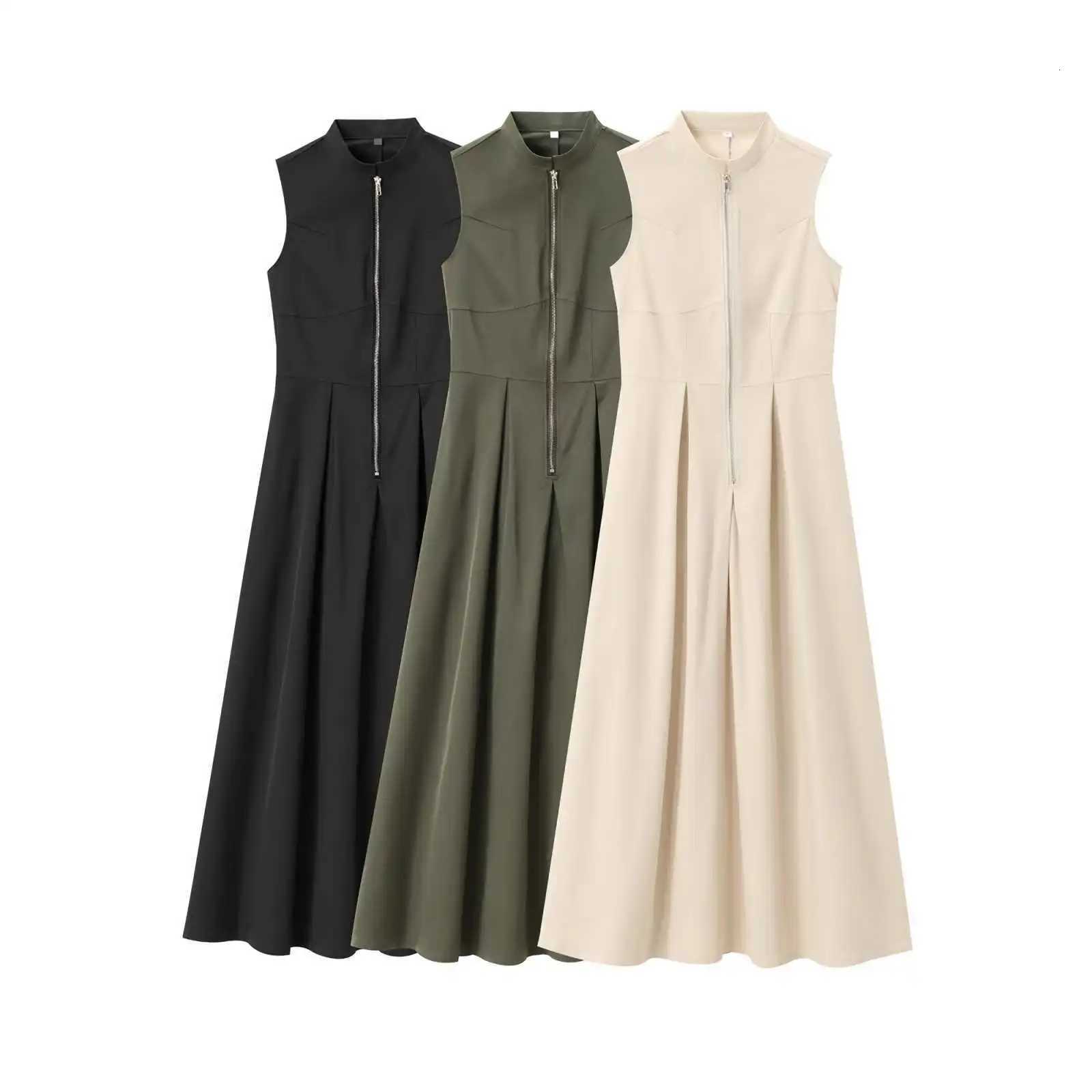 Elegant Sleeveless round Neck French Style Midi Dress Waist Cinched Street Trend Long Skirt Polyester Fabric Pure Color PrintT260314