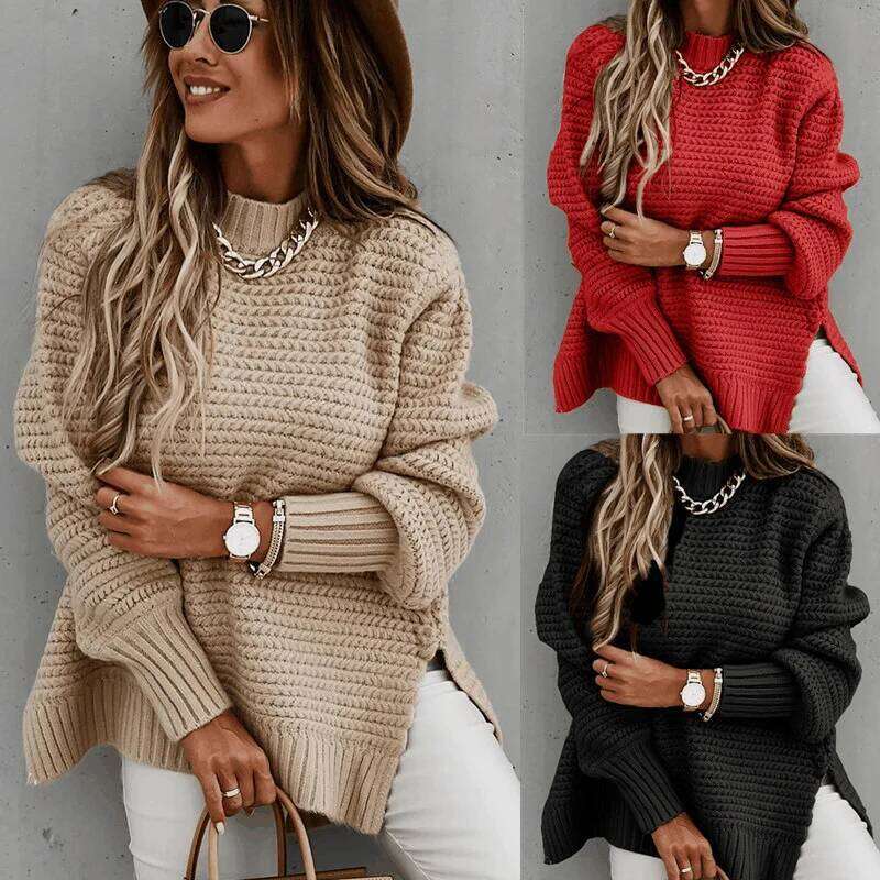 2024 Winter New Fashionable and Casual Women's Half High Collar Solid Color Bundle Hand Side Split Knitted Sweater Z260313