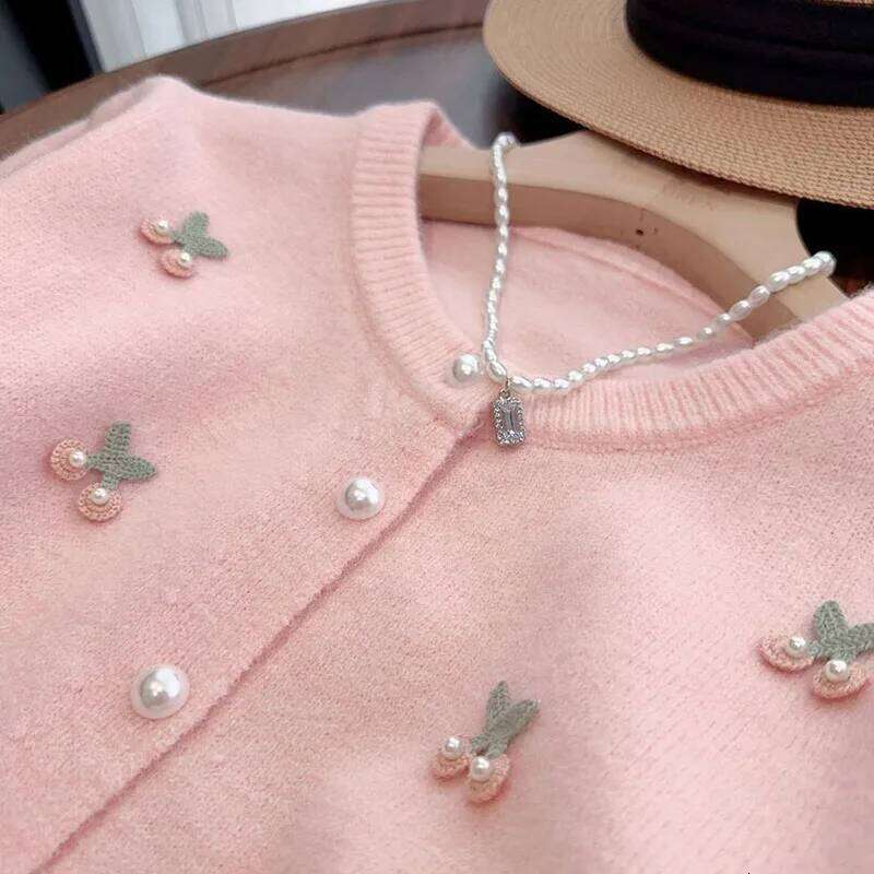 Pink Sweet Pearls Decorate Sweater Cardigan Woman Korean Fashion Print O Neck Knitwear Women Long Sleeve All Match Knitted Tops Z260313