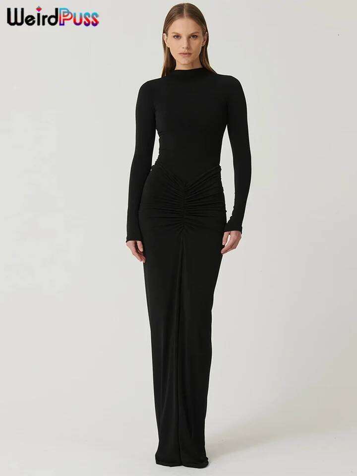 Weird Puss Hipster Ruched Dress Women o-NeckFull Sleeve Skinny Stretch Robe Autumn Trend Simple Classic Pleats Long Bodycon Z260313