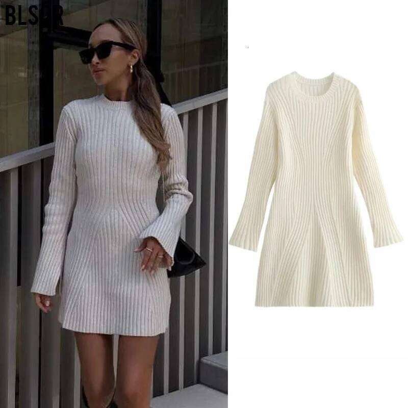 Women Mini Sweater 2025 Autumn Winter Women's New Fashionable Ribbed Knitting One Piece Dress Z260314