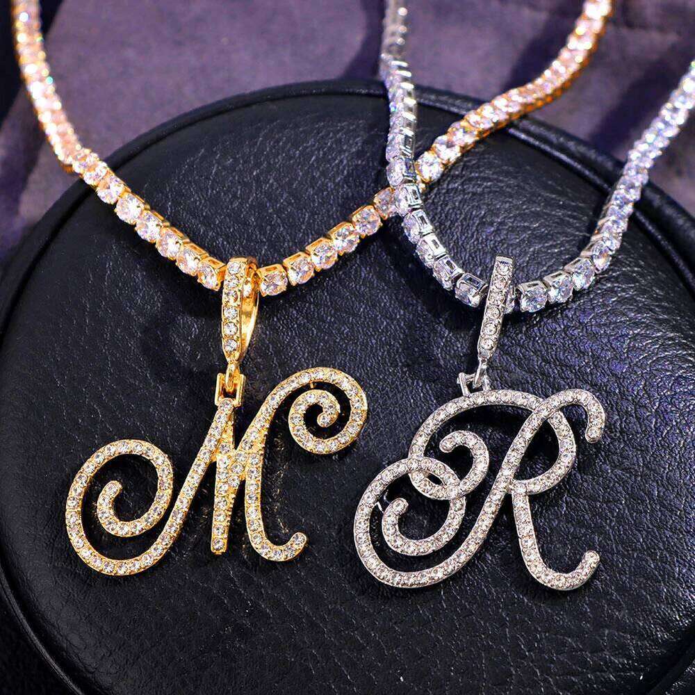 New Cursive Letters Cubic Zirconia Chain Intial Name Necklace Hip Hop Jewelry Gold Silver Color CZ 26 Alphabet Pendant Necklaces H260312