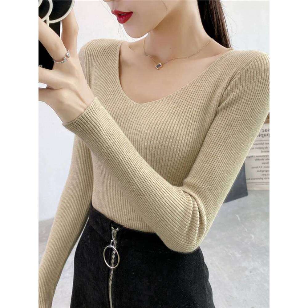 Spring Autumn V Neck Women Sweater Casual Long Sleeve Slim-fit Tops Knitted Pullover Sweaters Femme Basic Solid Pull Clothes Z260314