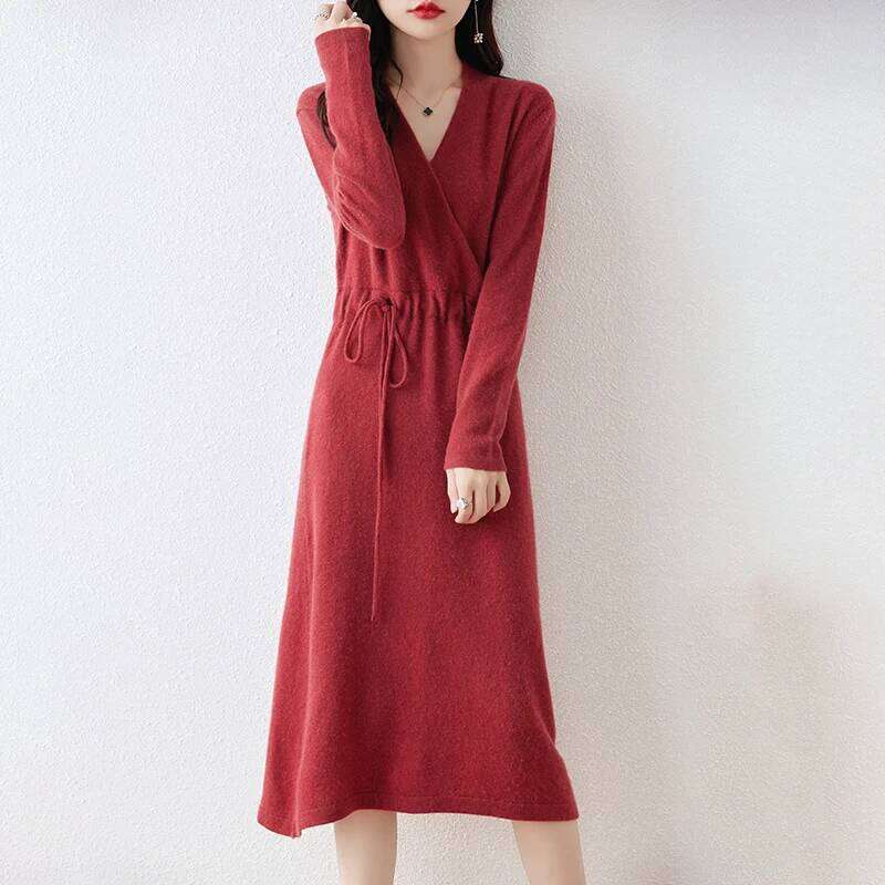 New Women's 100% Merino Wool Autumn Winter Cross V-neck Knit Pullover Long Sweater Cashmere Waist Drawstring Dress Z260313