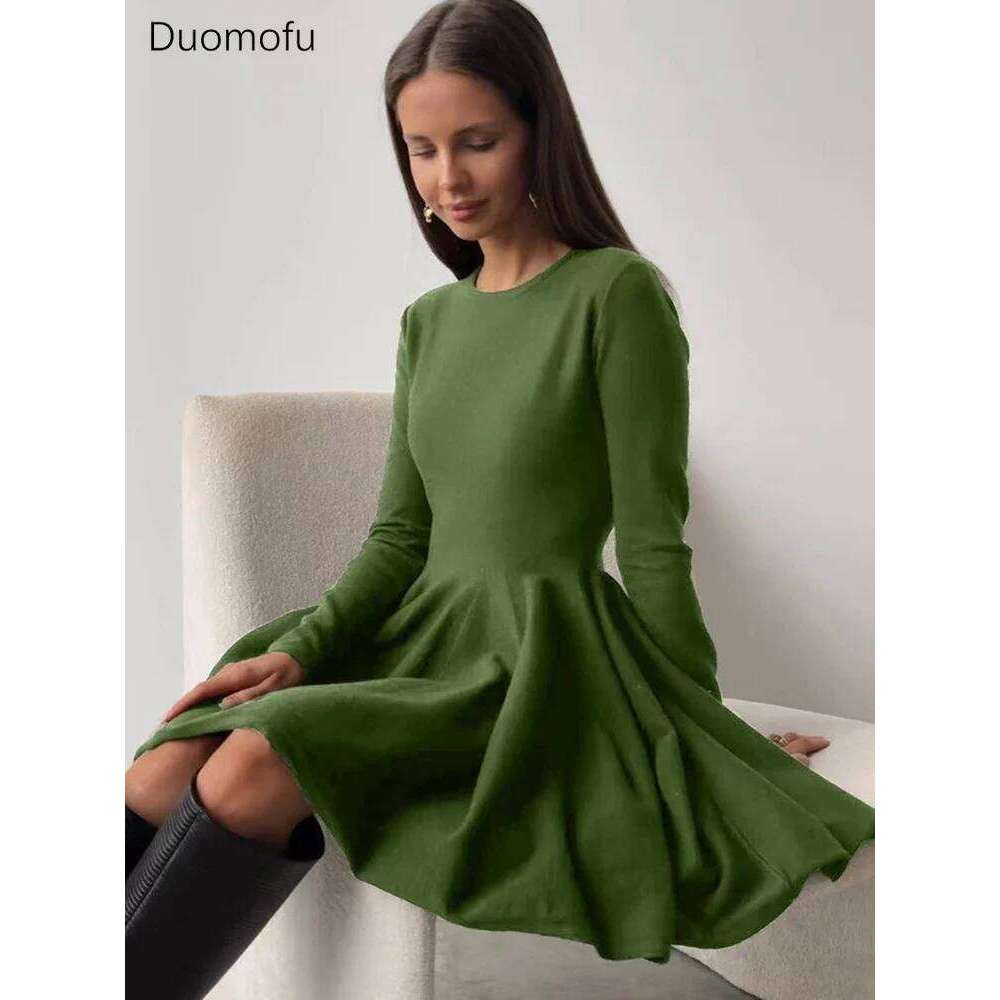 Duomofu Knit Mini Dresses Women Autumn Winter Long Sleeve Sweater Female Elegant Fashion Slim A Line Pleated Dress Vestido Z260313