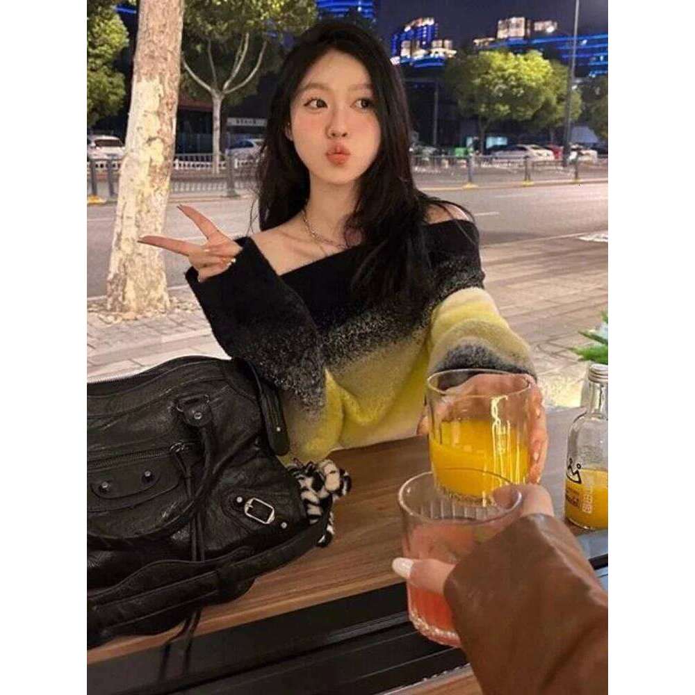 Slash Neck Sweaters Women Gradient Color Advanced Slouchy All-match American Style Long Sleeve High Street Sexy Knitwear Autumn Z260313