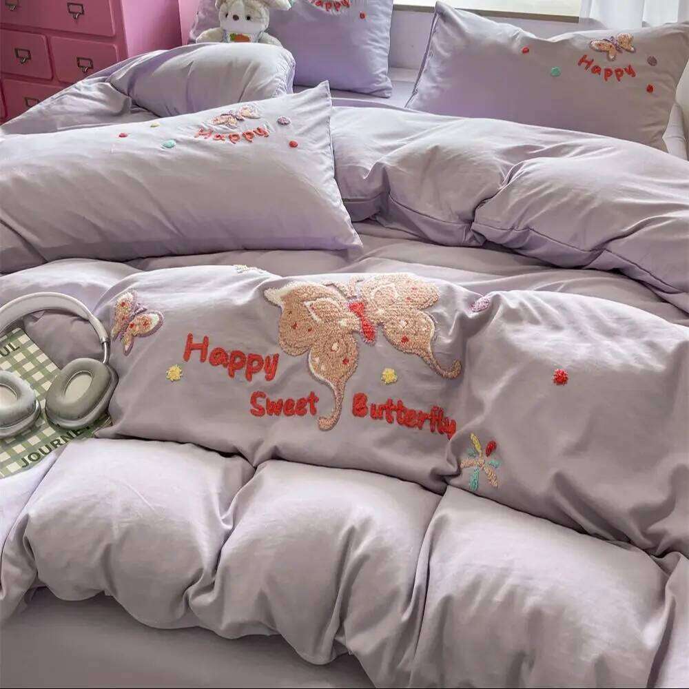 Double Sided Duvet Cartoon Embroidery Bedding Pillowcase Washed Cotton Printing Four-Pieces Set Quilt Cover Bed Sheet H260312 - view 6