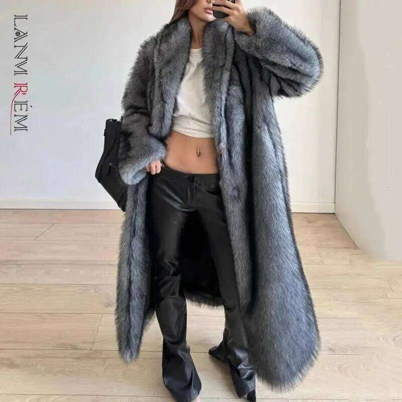 LANMREM High Qualityy Grey Women's Faux Fur Winter Chic New Warm Lapel Sleeve Big Size Cardigan Thick Long Coat DB3882 Z260313