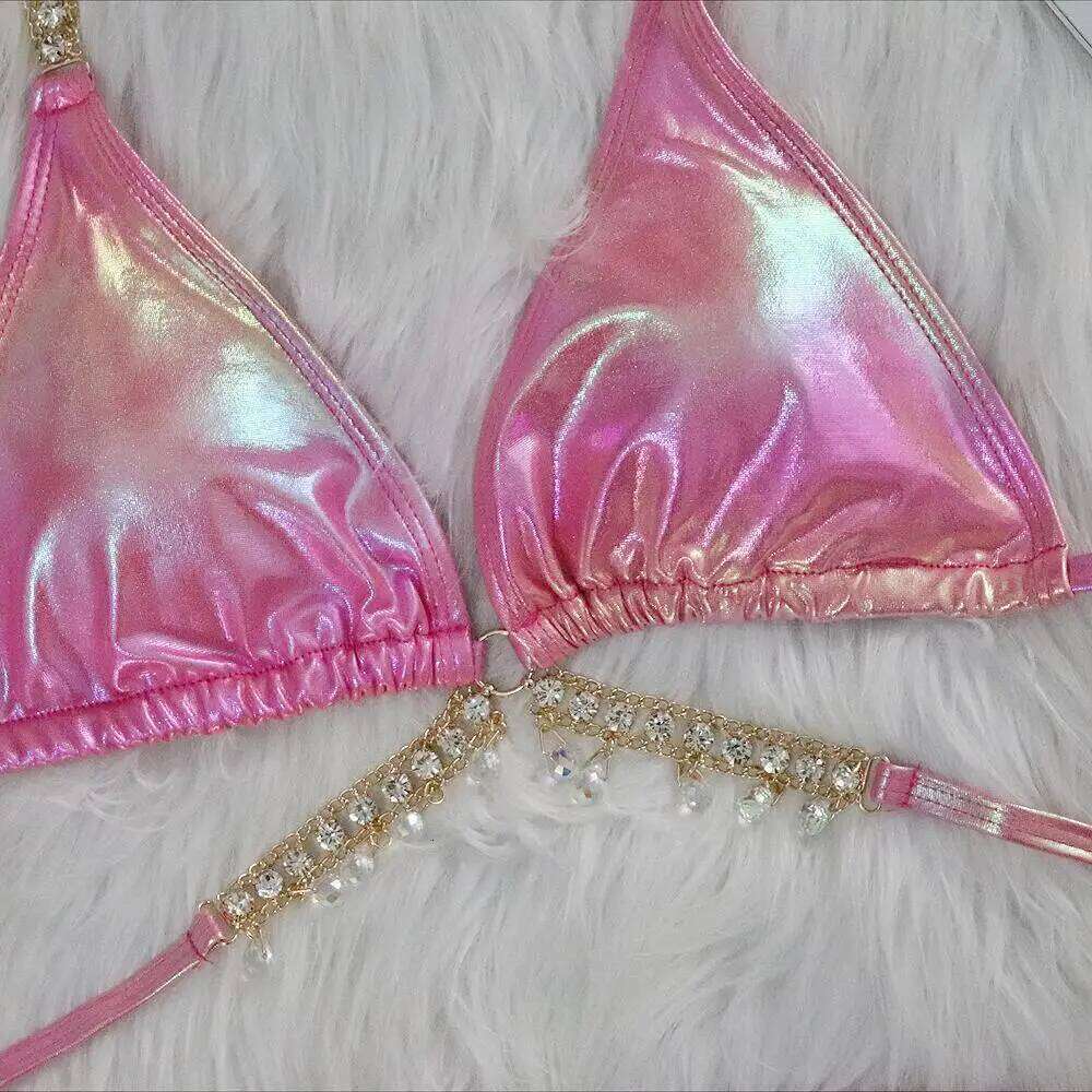 Sexy Halter Shiny Diamond Women Swimwear Female Swimsuit Laser Metallic Bikini Set Brazilian Bathing Suit Swim Beach Wear Y260303
