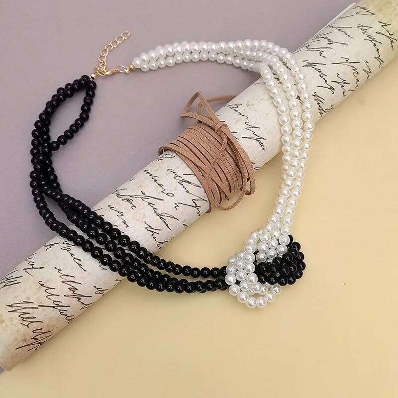 Women's Chic Layered Elegant & Beaded Pearl Necklace Black and White Yin Yang Knotted Design Statement Jewelry H260312