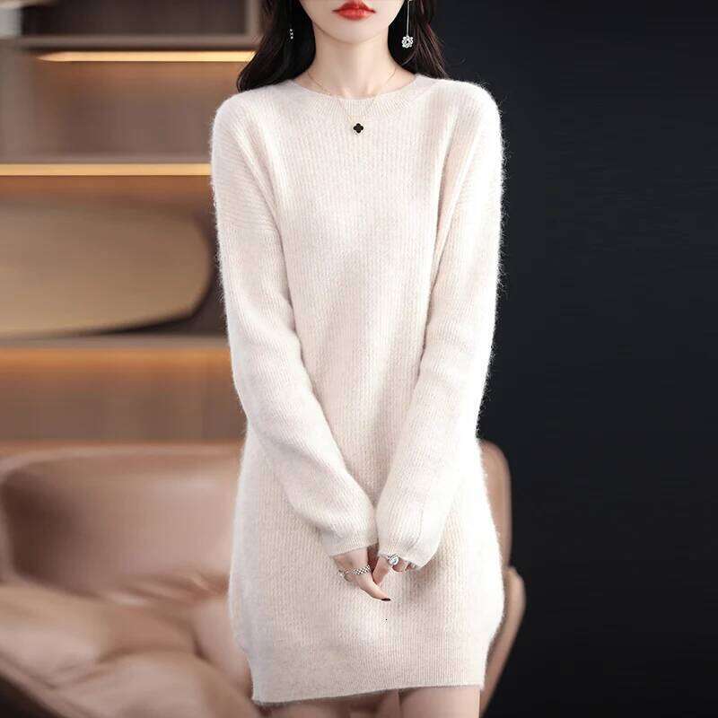 Autumn Winter New Round Neck Mink Cashmere Dress Women's Fashion Loose Slim Sleeve Pullover Long Skirt Korean Version Z260313