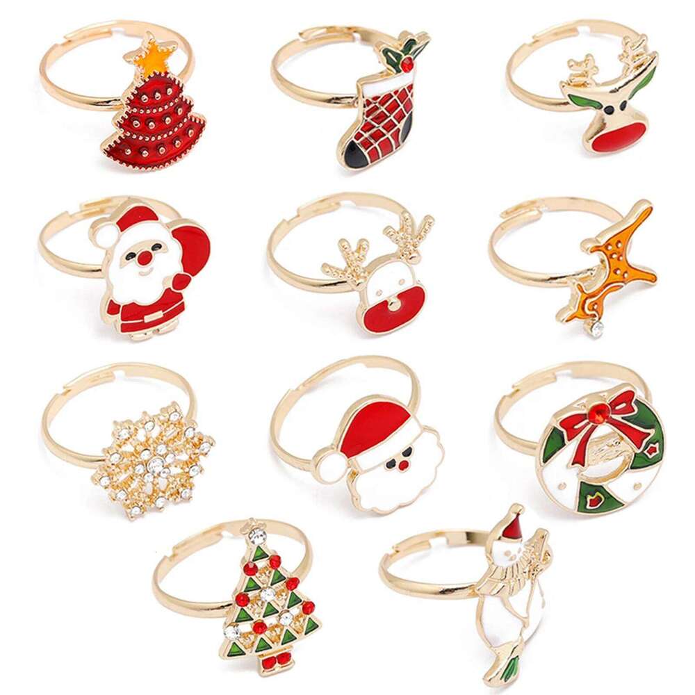 1 PC Open Gold Color Multicolor Enamel Rings Santa Claus Christmas Tree Fashion Jewelry 16mmUS size 5.25 H260312