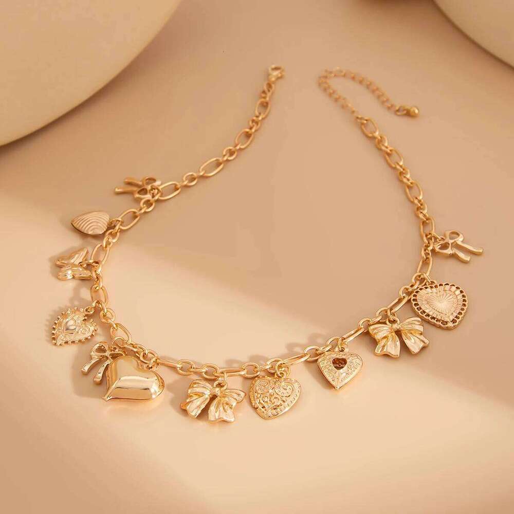 Salircon Vintage Heart Bowknot Charm Choker Necklace Trending Adjustable Clavicle Chain Women Neck Jewelry Gift H260312