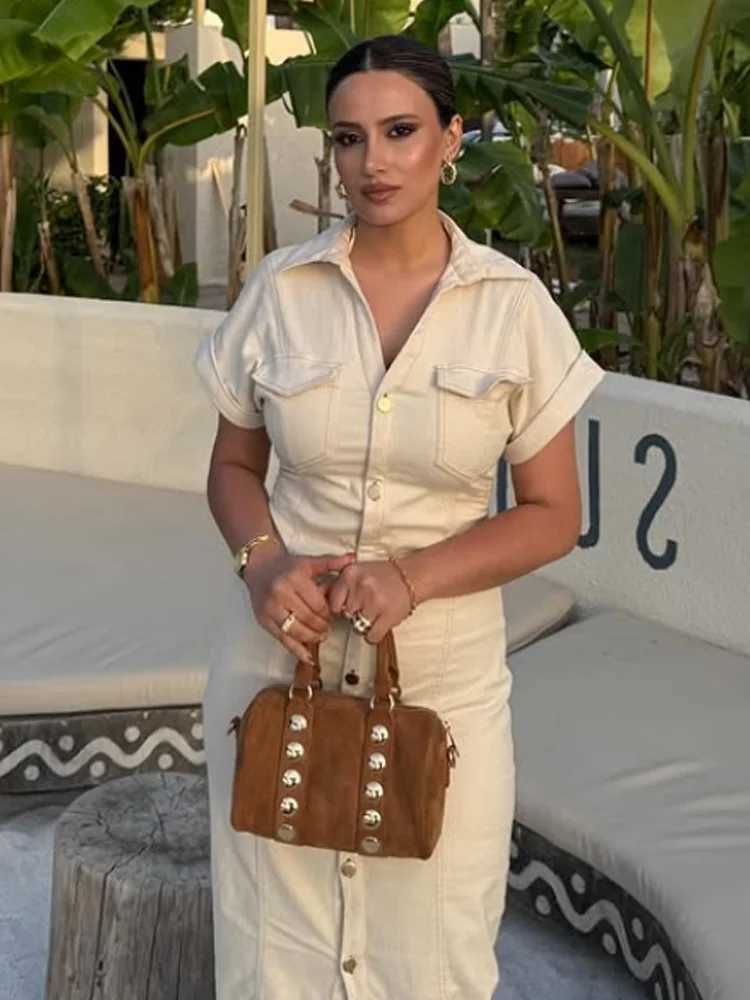 HXAO Denim Womens Dress Button Off White Short Sleeve Midi Dresses Summer New Denim Long Dresses Office Elegant Female ClothingT260314